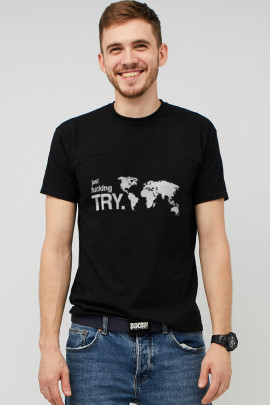 Футболка MEMO чоловіча чорна принт "Just fucking try"