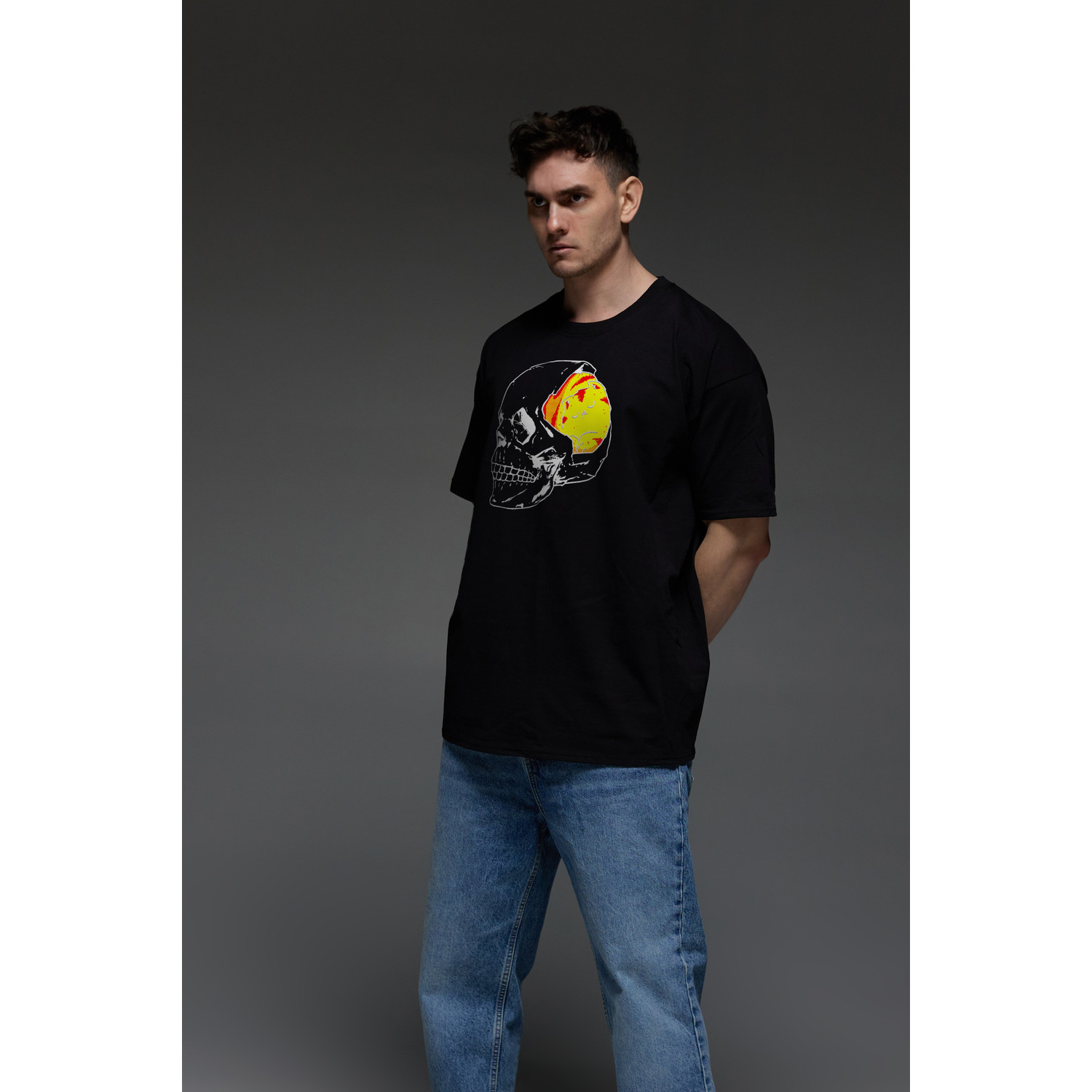 Футболка Aspirine  Oversize чоловіча чорна "Череп-Кіт"