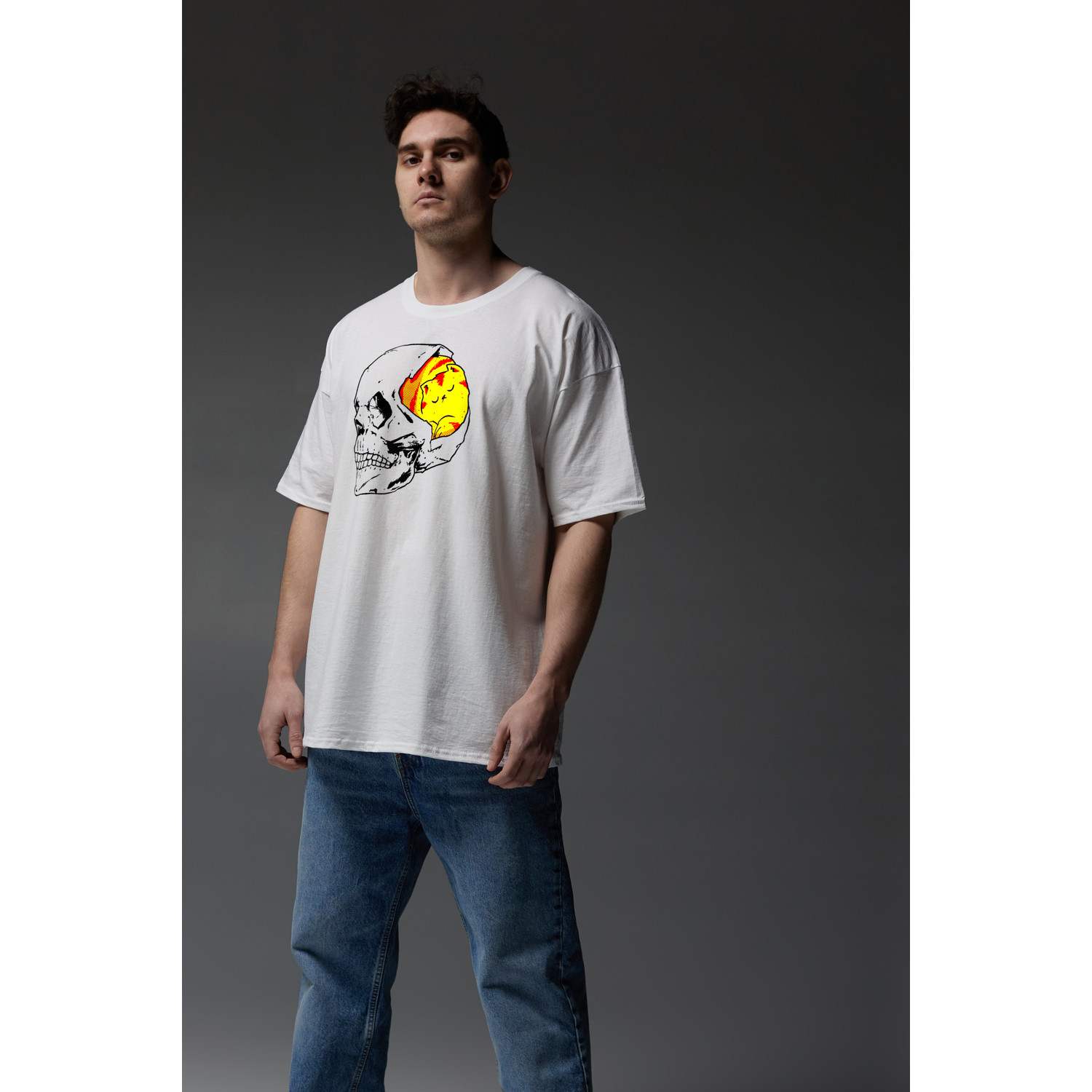 Футболка Aspirine  Oversize чоловіча біла "Череп-кіт"