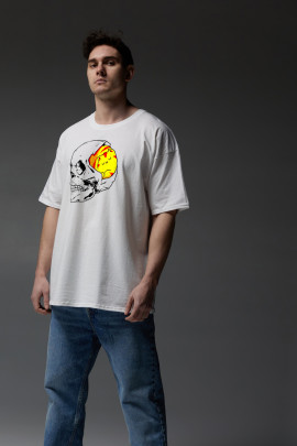 Футболка Aspirine  Oversize чоловіча біла "Череп-кіт"