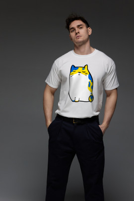 Футболка Aspirine чоловіча біла принт "Патріотичний кіт"
