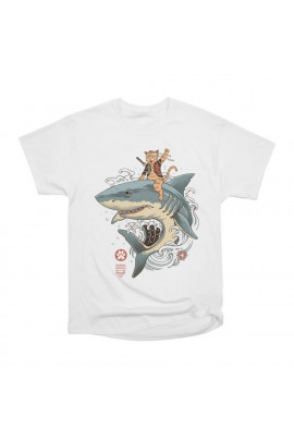 Футболка WhyNotPrint чоловіча біла  "Кіт з акулою"